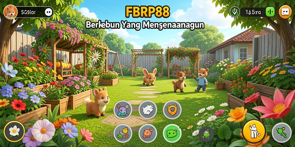 Screenshot gameplay <strong>FBRP88</strong> menunjukkan kebun yang rimbun dan aktivitas bertani.
