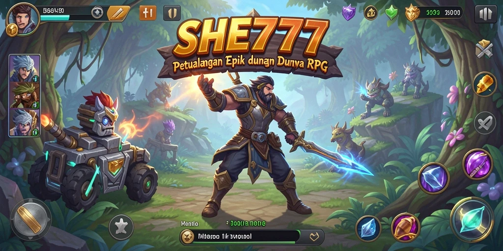 Tampilan screenshot utama SHE777 menampilkan pertarungan epik karakter RPG.