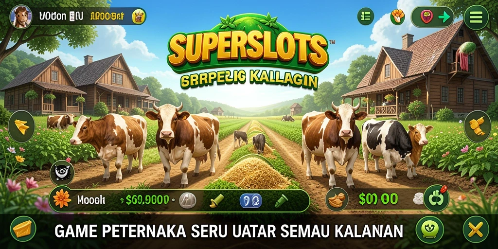 Tampilan gameplay <strong>SUPERSLOTS</strong> yang menampilkan aktivitas bertani yang seru dan interaktif.